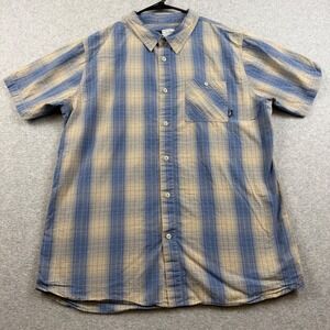 LRG Button Down Shirt Mens XL Blue Tan Plaid Short Sleeve Casual Skater